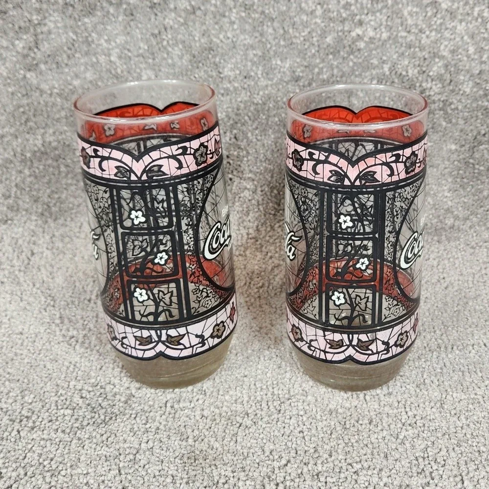 Coca-Cola Drinking Glasses Red Tiffany Stained Glass Style Vintage Set of 2 OS